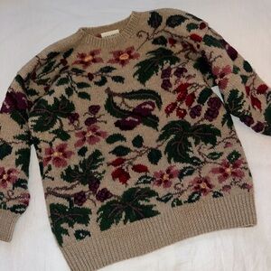 Vintage Laura Ashley Beige Floral Embroidered Sweater 100% Wool Medium